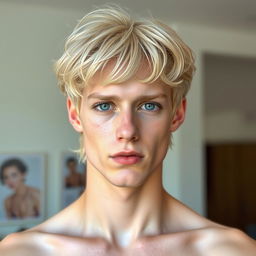 A medium male model named Freminet with periwinkle eyes, dark eyelashes, pale freckled skin, and pale blond hair