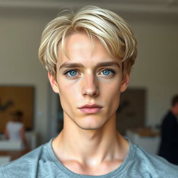 A medium male model named Freminet with periwinkle eyes, dark eyelashes, pale freckled skin, and pale blond hair