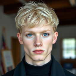 A medium male model named Freminet with periwinkle eyes, dark eyelashes, pale freckled skin, and pale blond hair