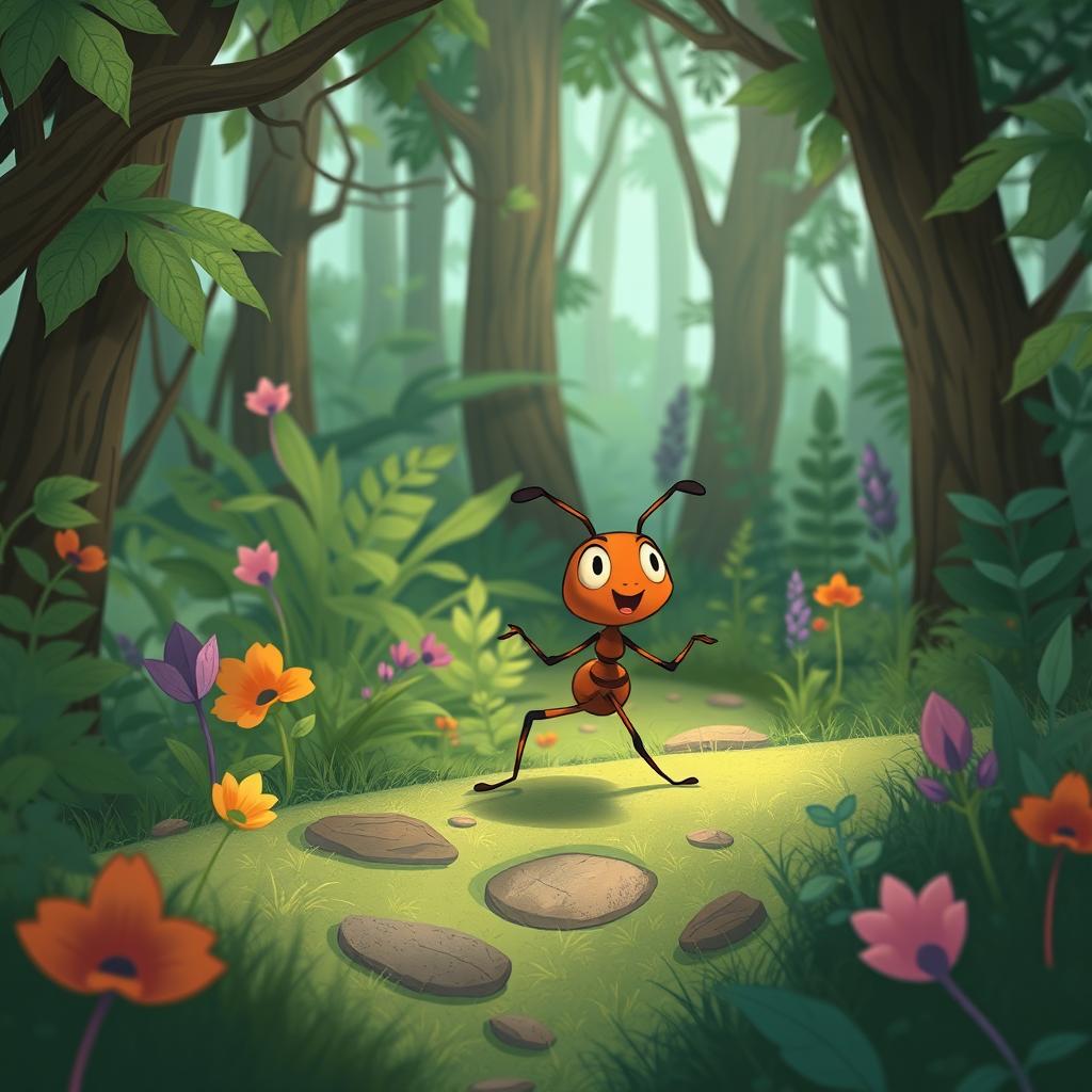 Create an illustration of a small, enthusiastic ant walking through a forest