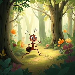 Create an illustration of a small, enthusiastic ant walking through a forest