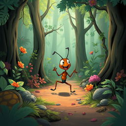 Create an illustration of a small, enthusiastic ant walking through a forest