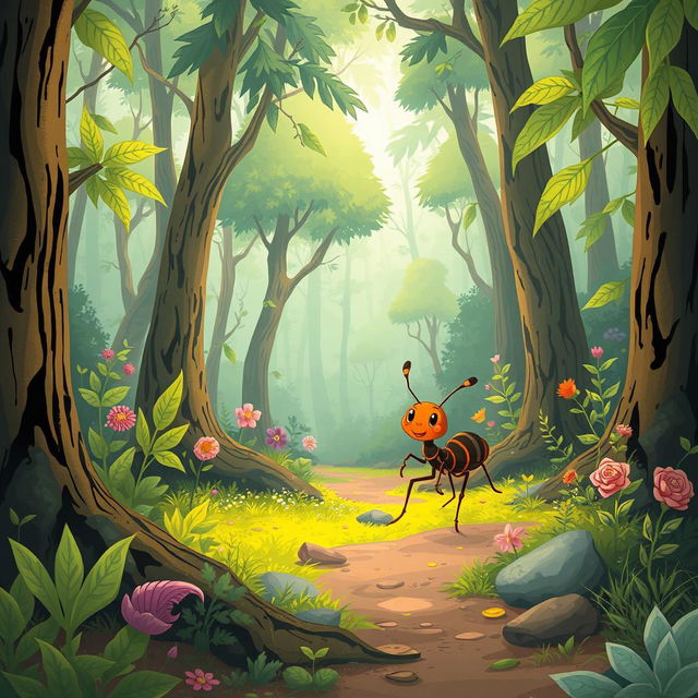 Create an illustration of a small, enthusiastic ant walking through a forest