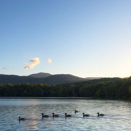 A serene landscape featuring a calm lake surrounded by lush green forests and mountains in the background