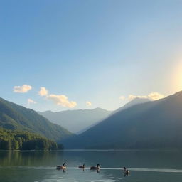 A serene landscape featuring a calm lake surrounded by lush green forests and mountains in the background