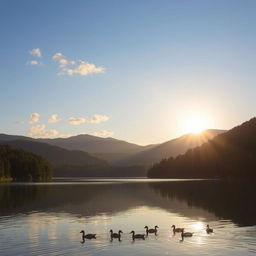 A serene landscape featuring a calm lake surrounded by lush green forests and mountains in the background