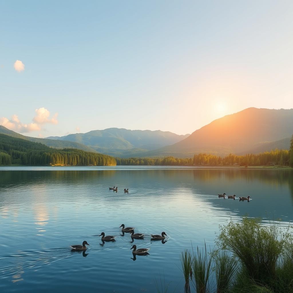 A serene landscape featuring a calm lake surrounded by lush green forests and mountains in the background