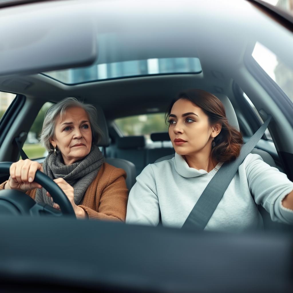 Create an image of two women in a moving car