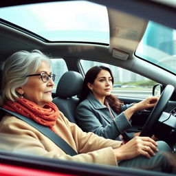 Create an image of two women in a moving car