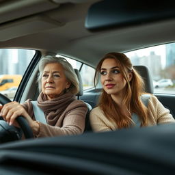 Create an image of two women in a moving car