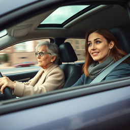 Create an image of two women in a moving car