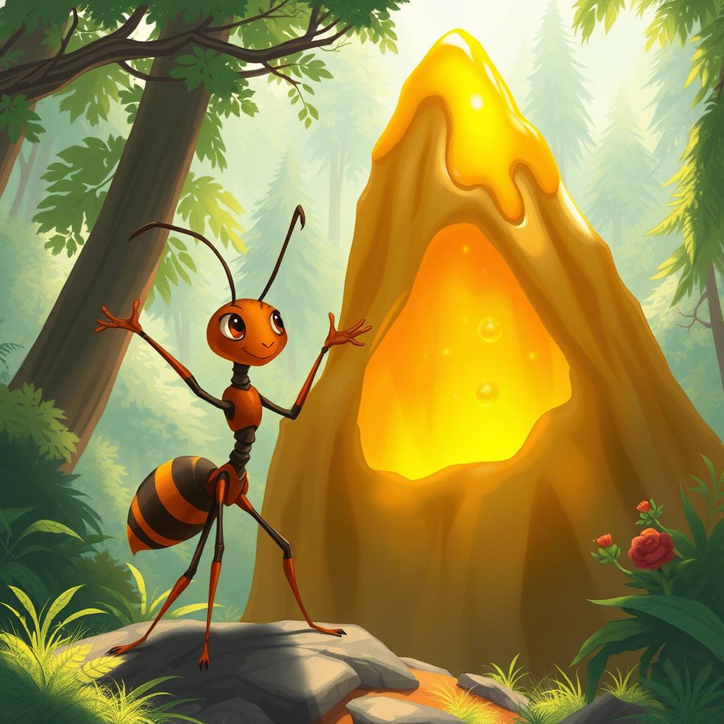 Create an illustration of an ant named Semut standing triumphantly next to a mountain made of honey