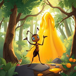 Create an illustration of an ant named Semut standing triumphantly next to a mountain made of honey