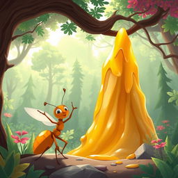 Create an illustration of an ant named Semut standing triumphantly next to a mountain made of honey