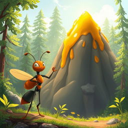 Create an illustration of an ant named Semut standing triumphantly next to a mountain made of honey