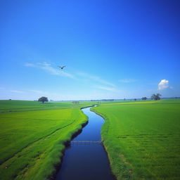 Create an image of a serene landscape with a clear blue sky, lush green fields, and a calm river flowing through the middle