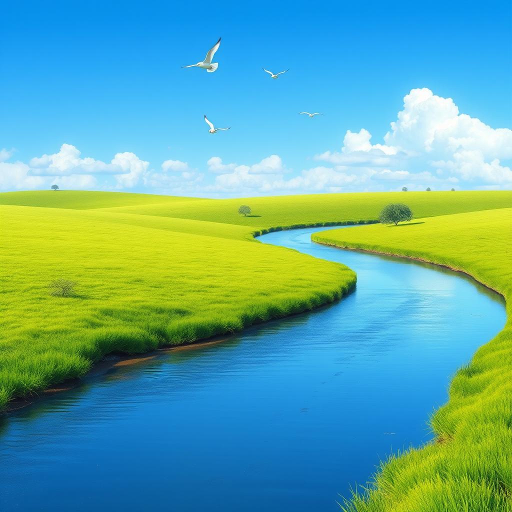 Create an image of a serene landscape with a clear blue sky, lush green fields, and a calm river flowing through the middle