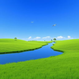 Create an image of a serene landscape with a clear blue sky, lush green fields, and a calm river flowing through the middle