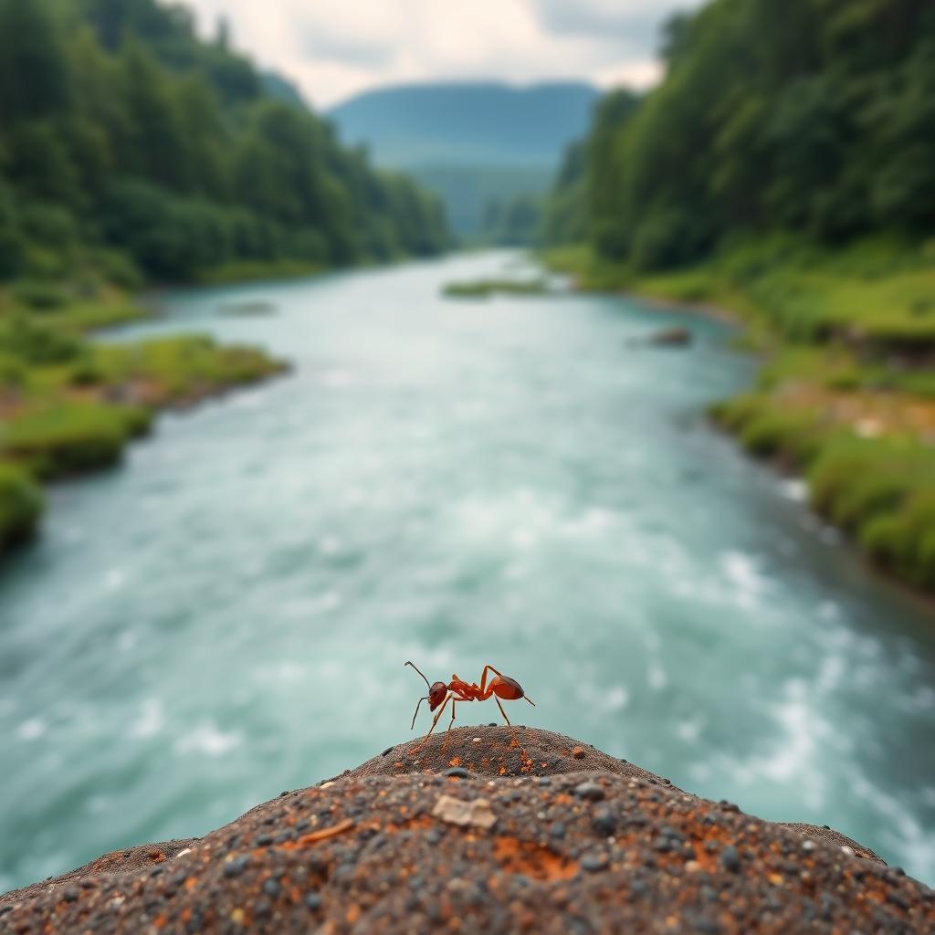 Create an image of a large river with an ant standing on the riverbank