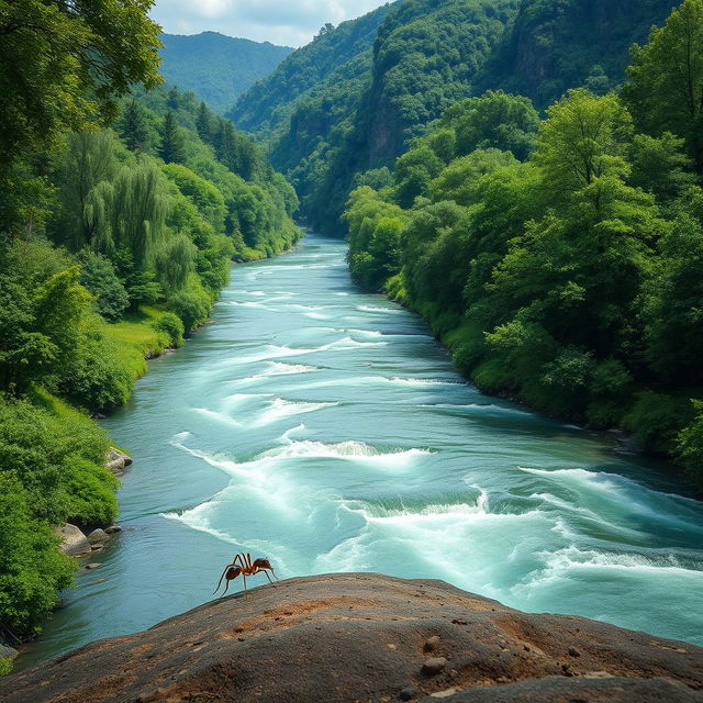 Create an image of a large river with an ant standing on the riverbank