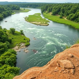 Create an image of a large river with an ant standing on the riverbank