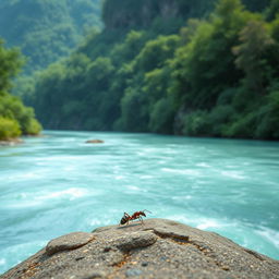 Create an image of a large river with an ant standing on the riverbank