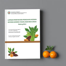 Create a book cover design for a report on community land empowerment by the Ministry of Agrarian Affairs and Spatial Planning of the National Land Agency, located in Pelaga Village, Petang District, Badung Regency