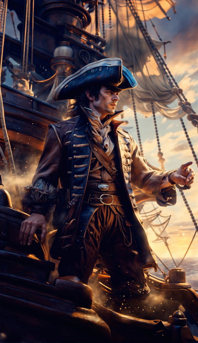 A CGI photograph of a handsome protagonist on a pirate ship pointing towards an unseen destination amidst turbulent waves. Supernatural elements like glowing particles add an eerie illumination to his face. The scene has a cinematic quality with dramatic lighting and camera angles.