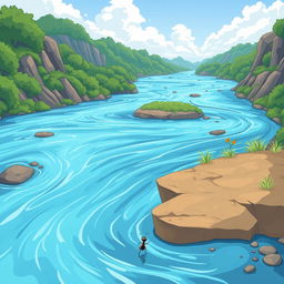 Create a cartoon-style image of a large river with an ant standing on the riverbank