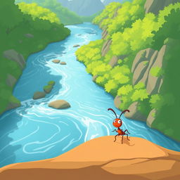 Create a cartoon-style image of a large river with an ant standing on the riverbank