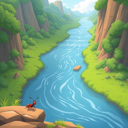 Create a cartoon-style image of a large river with an ant standing on the riverbank