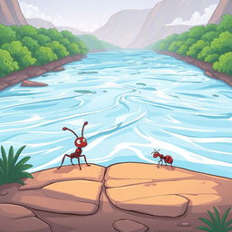 Create a cartoon-style image of a large river with an ant standing on the riverbank