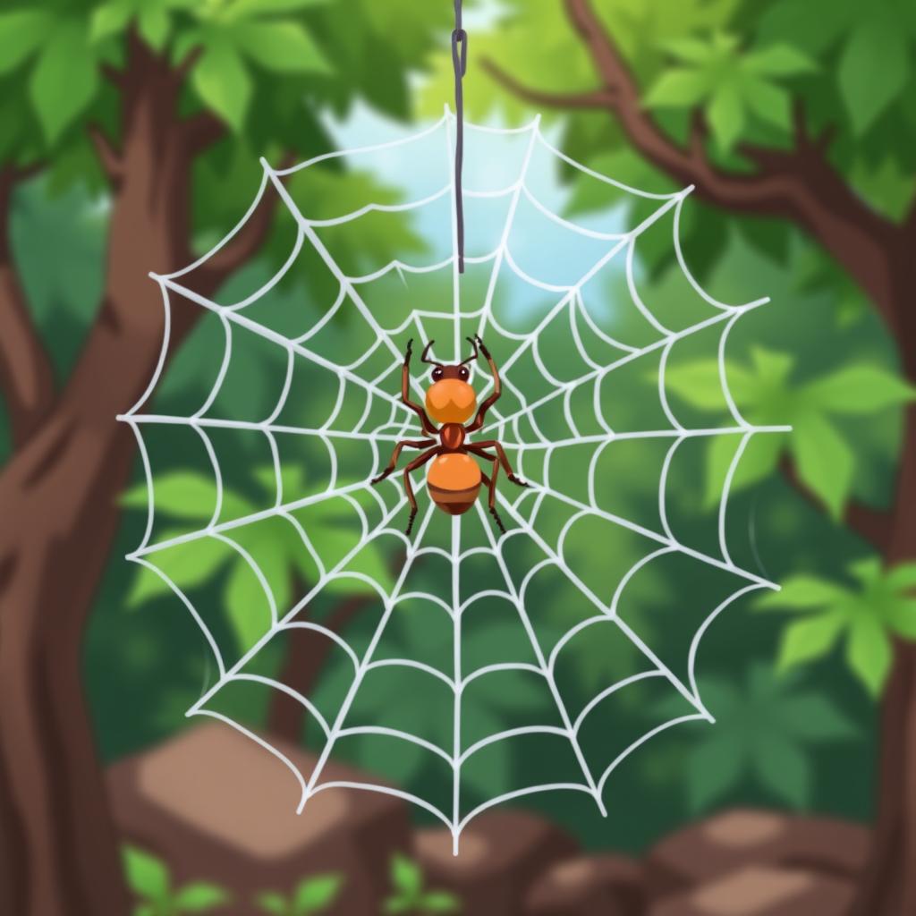 Create a cartoon-style image of a spider web with an ant caught in it