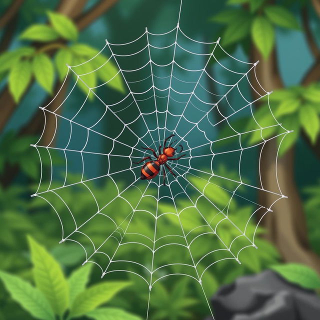 Create a cartoon-style image of a spider web with an ant caught in it