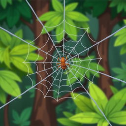 Create a cartoon-style image of a spider web with an ant caught in it