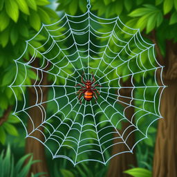 Create a cartoon-style image of a spider web with an ant caught in it