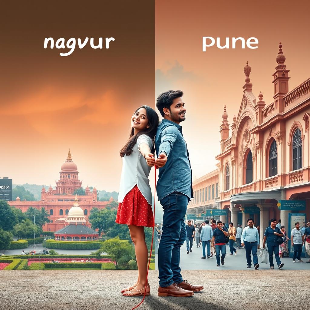 Create a split-screen poster design featuring Nagpur and Pune