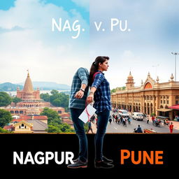 Create a split-screen poster design featuring Nagpur and Pune