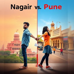 Create a split-screen poster design featuring Nagpur and Pune