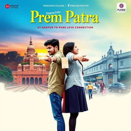 Create a movie poster for the film titled 'Prem Patra' with the tagline 'Nagpur To Pune Love Connection'