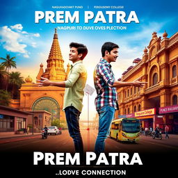 Create a movie poster for the film titled 'Prem Patra' with the tagline 'Nagpur To Pune Love Connection'