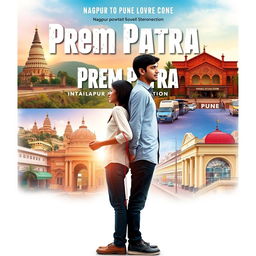 Create a movie poster for the film titled 'Prem Patra' with the tagline 'Nagpur To Pune Love Connection'