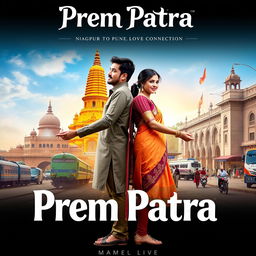 Create a movie poster for the film titled 'Prem Patra' with the tagline 'Nagpur To Pune Love Connection' written in Marathi