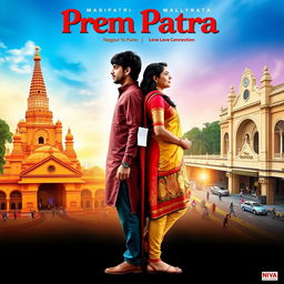 Create a movie poster for the film titled 'Prem Patra' with the tagline 'Nagpur To Pune Love Connection' written in Marathi