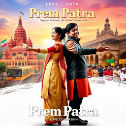 Create a movie poster for the film titled 'Prem Patra' with the tagline 'Nagpur To Pune Love Connection' written in Marathi