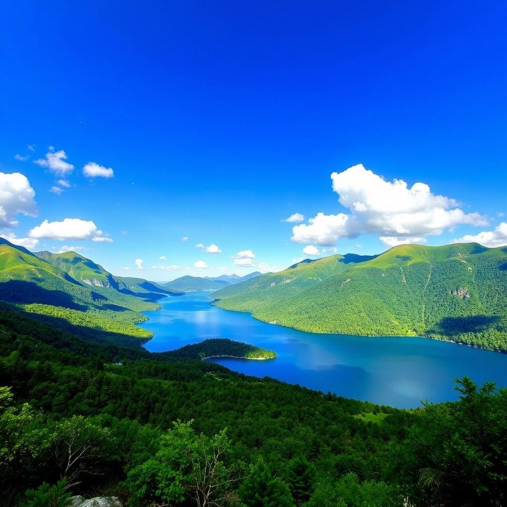 A beautiful landscape featuring a serene lake surrounded by lush green mountains under a clear blue sky with a few fluffy clouds