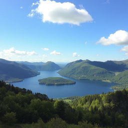 A beautiful landscape featuring a serene lake surrounded by lush green mountains under a clear blue sky with a few fluffy clouds