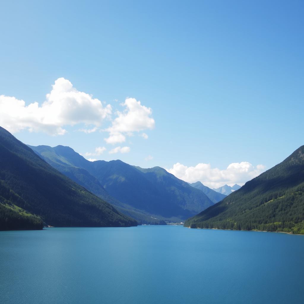 A beautiful landscape featuring a serene lake surrounded by lush green mountains under a clear blue sky with a few fluffy clouds