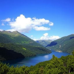 A beautiful landscape featuring a serene lake surrounded by lush green mountains under a clear blue sky with a few fluffy clouds