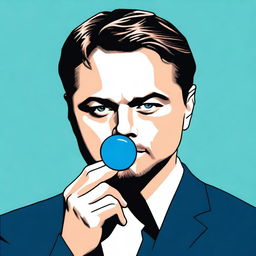 A depiction of Leonardo DiCaprio holding a blue pill, inspired by the famous 'red pill, blue pill' concept from The Matrix